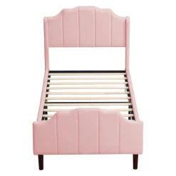 Lit 90x200 cm avec tête et pied rembourrés en velours rose, cadre MDF solide et 12 lattes renforcées><noscript><img width=