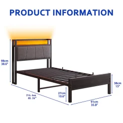 Lit 90x200 cm avec tête haute rembourrée, LED intégrées et station de charge USB, cadre métal noir><noscript><img width=