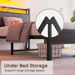 Lit 90x200 cm avec tête haute rembourrée, LED intégrées et station de charge USB, cadre métal noir><noscript><img width=