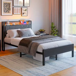 Lit 120x200 cm avec tête haute rembourrée et cadre métal, LED multicolores pilotables et station USB>Redom Online