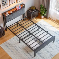 Lit 120x200 cm avec tête haute rembourrée et cadre métal, LED multicolores pilotables et station USB><noscript><img width=