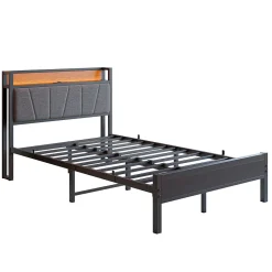 Lit 120x200 cm avec tête haute rembourrée et cadre métal, LED multicolores pilotables et station USB><noscript><img width=