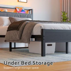 Lit 120x200 cm avec tête haute rembourrée et cadre métal, LED multicolores pilotables et station USB><noscript><img width=