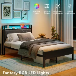 Lit 120x200 cm avec tête haute rembourrée et cadre métal, LED multicolores pilotables et station USB><noscript><img width=