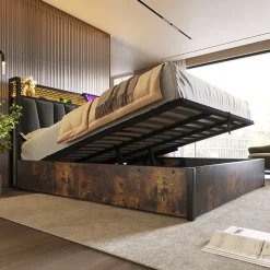Lit 180x200 cm avec tête LED RGBW, prises et ports USB intégrés, cadre métal gris et rangement sous sommier>Redom Best