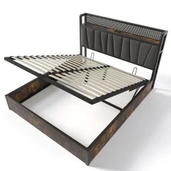 Lit 180x200 cm avec tête LED RGBW, prises et ports USB intégrés, cadre métal gris et rangement sous sommier><noscript><img width=
