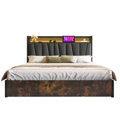 Lit 180x200 cm avec tête LED RGBW, prises et ports USB intégrés, cadre métal gris et rangement sous sommier><noscript><img width=