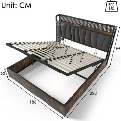 Lit 180x200 cm avec tête LED RGBW, prises et ports USB intégrés, cadre métal gris et rangement sous sommier><noscript><img width=