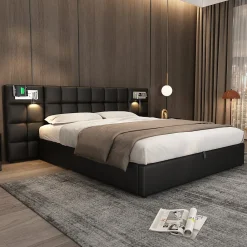 Lit 180x200 cm avec tête rembourrée, rangement hydraulique, port USB et recharge sans fil, PU noir>Redom Clearance