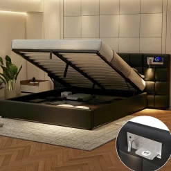Lit 180x200 cm avec tête rembourrée, rangement hydraulique, port USB et recharge sans fil, PU noir>Redom Clearance