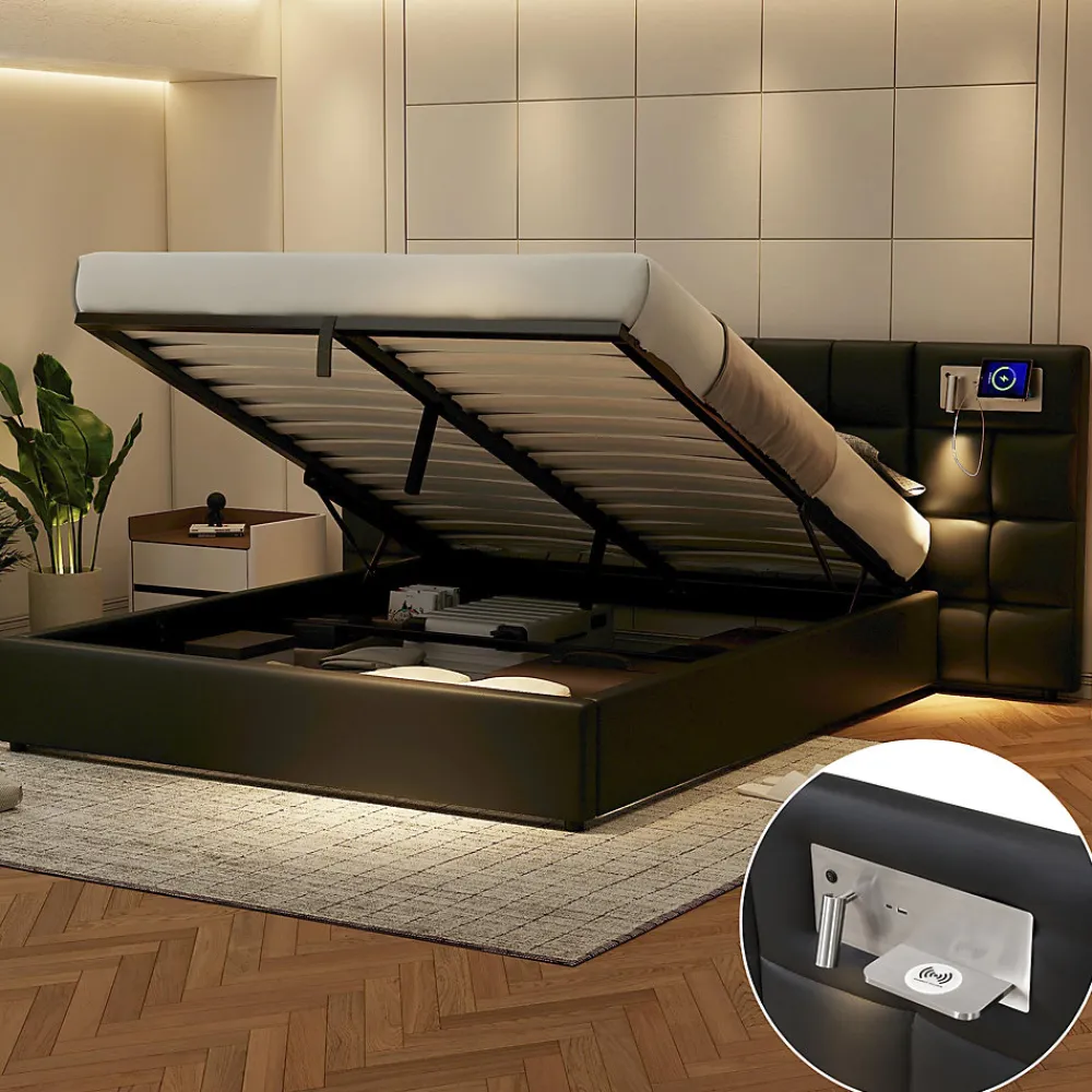 Lit 180x200 cm avec tête rembourrée, rangement hydraulique, port USB et recharge sans fil, PU noir>Redom Clearance