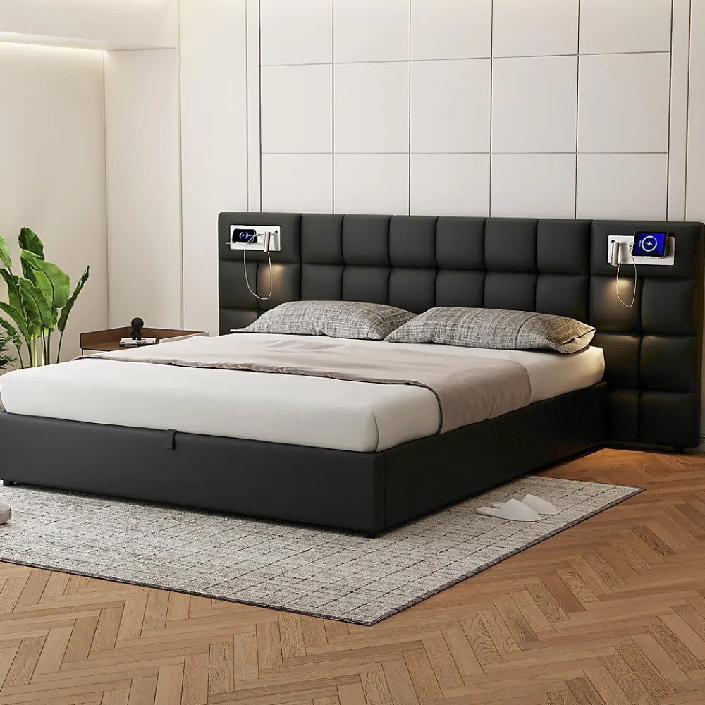 Lit 180x200 cm avec tête rembourrée, rangement hydraulique, port USB et recharge sans fil, PU noir>Redom Clearance