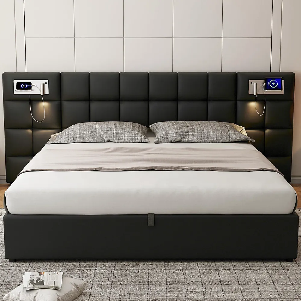 Lit 180x200 cm avec tête rembourrée, rangement hydraulique, port USB et recharge sans fil, PU noir>Redom Clearance