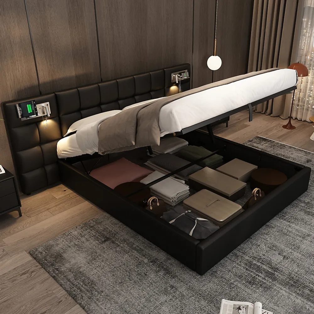 Lit 180x200 cm avec tête rembourrée, rangement hydraulique, port USB et recharge sans fil, PU noir>Redom Clearance