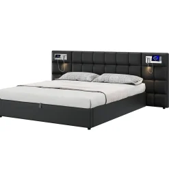 Lit 180x200 cm avec tête rembourrée, rangement hydraulique, port USB et recharge sans fil, PU noir><noscript><img width=