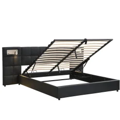 Lit 180x200 cm avec tête rembourrée, rangement hydraulique, port USB et recharge sans fil, PU noir><noscript><img width=