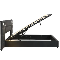 Lit 180x200 cm avec tête rembourrée, rangement hydraulique, port USB et recharge sans fil, PU noir><noscript><img width=
