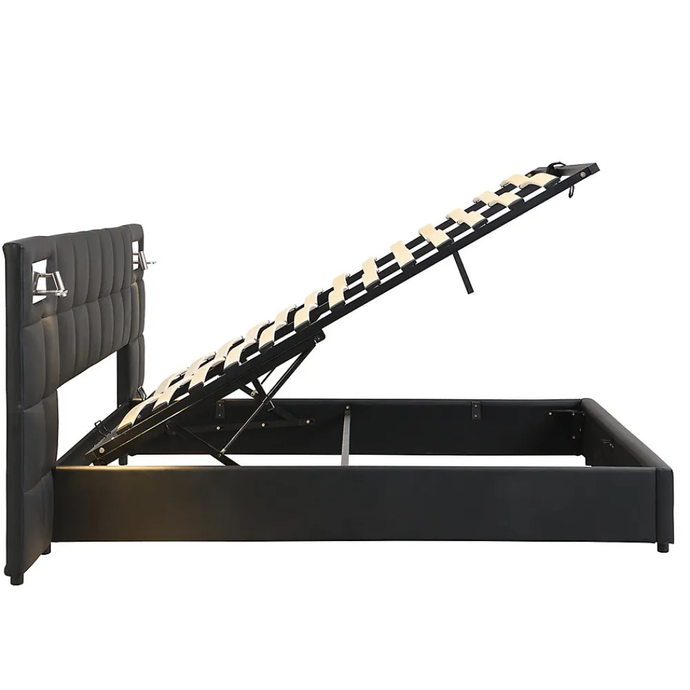 Lit 180x200 cm avec tête rembourrée, rangement hydraulique, port USB et recharge sans fil, PU noir>Redom Clearance