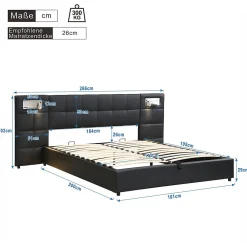 Lit 180x200 cm avec tête rembourrée, rangement hydraulique, port USB et recharge sans fil, PU noir><noscript><img width=
