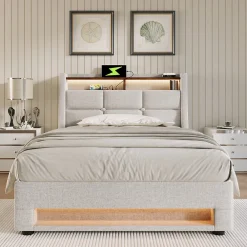 Lit 90x200 cm avec tête rembourrée en lin et éclairage LED multicolore, style vintage, finitions soignées>Redom Outlet