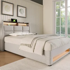 Lit 90x200 cm avec tête rembourrée en lin et éclairage LED multicolore, style vintage, finitions soignées>Redom Outlet