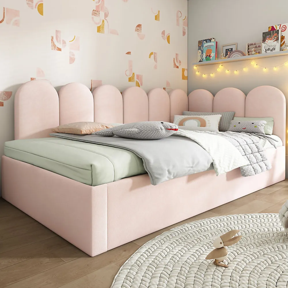 Lit 90x200 cm banquette tapissée velours rose avec lit gigogne 90x190 cm, cadre métal, dossier matelassé>Redom New