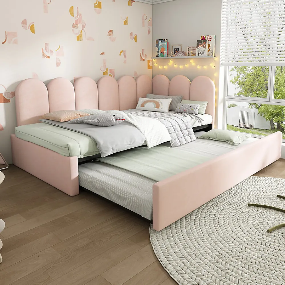Lit 90x200 cm banquette tapissée velours rose avec lit gigogne 90x190 cm, cadre métal, dossier matelassé>Redom New