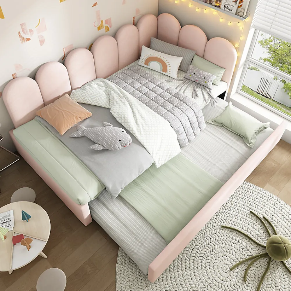 Lit 90x200 cm banquette tapissée velours rose avec lit gigogne 90x190 cm, cadre métal, dossier matelassé>Redom New