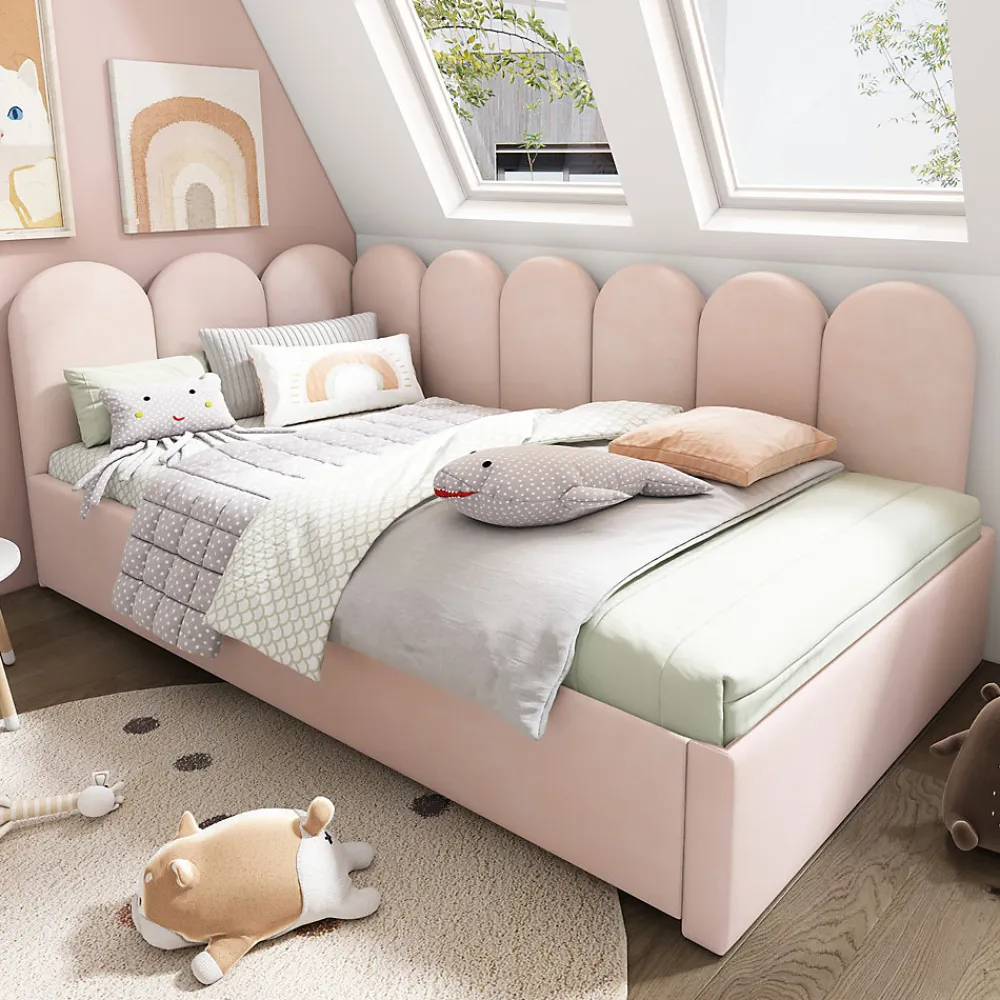 Lit 90x200 cm banquette tapissée velours rose avec lit gigogne 90x190 cm, cadre métal, dossier matelassé>Redom New