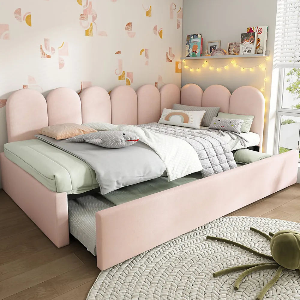 Lit 90x200 cm banquette tapissée velours rose avec lit gigogne 90x190 cm, cadre métal, dossier matelassé>Redom New