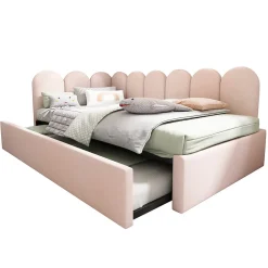 Lit 90x200 cm banquette tapissée velours rose avec lit gigogne 90x190 cm, cadre métal, dossier matelassé><noscript><img width=
