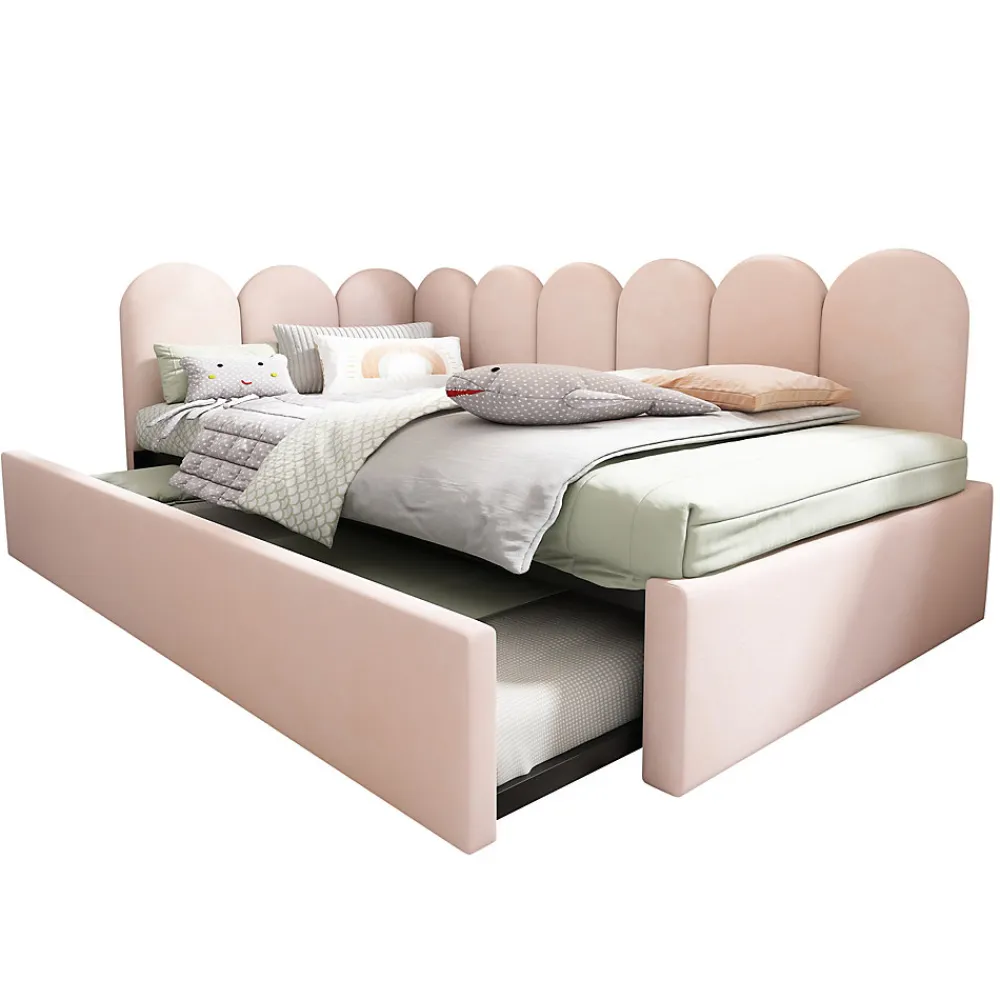 Lit 90x200 cm banquette tapissée velours rose avec lit gigogne 90x190 cm, cadre métal, dossier matelassé>Redom New
