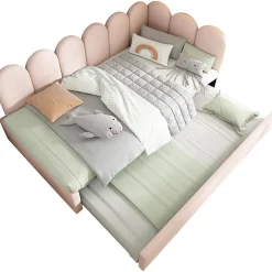 Lit 90x200 cm banquette tapissée velours rose avec lit gigogne 90x190 cm, cadre métal, dossier matelassé><noscript><img width=