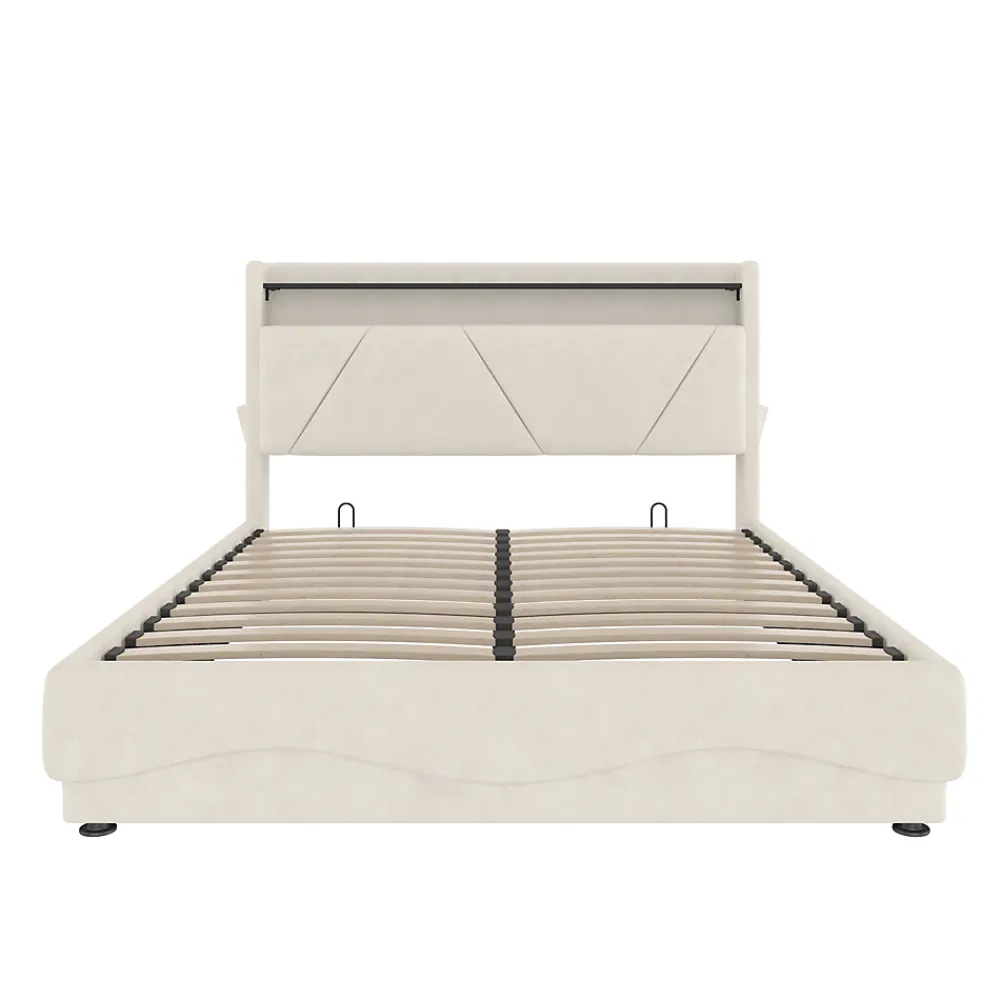 ProximaX Lit 140x200 cm beige avec LED, ports USB-C, rangement sous le lit et tête de lit design* Lit Double