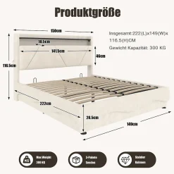 ProximaX Lit 140x200 cm beige avec LED, ports USB-C, rangement sous le lit et tête de lit design* Lit Double