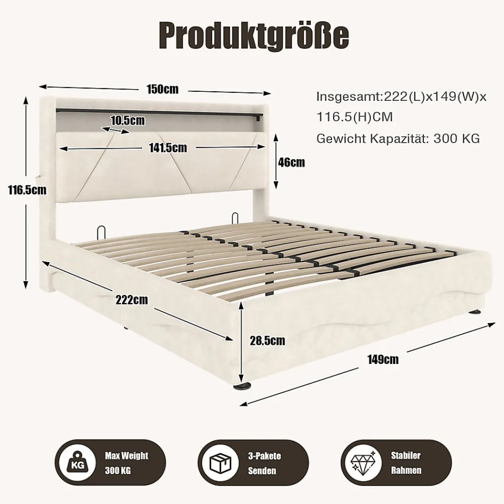 ProximaX Lit 140x200 cm beige avec LED, ports USB-C, rangement sous le lit et tête de lit design* Lit Double