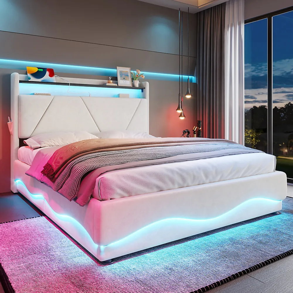 ProximaX Lit 140x200 cm beige avec LED, ports USB-C, rangement sous le lit et tête de lit design* Lit Double