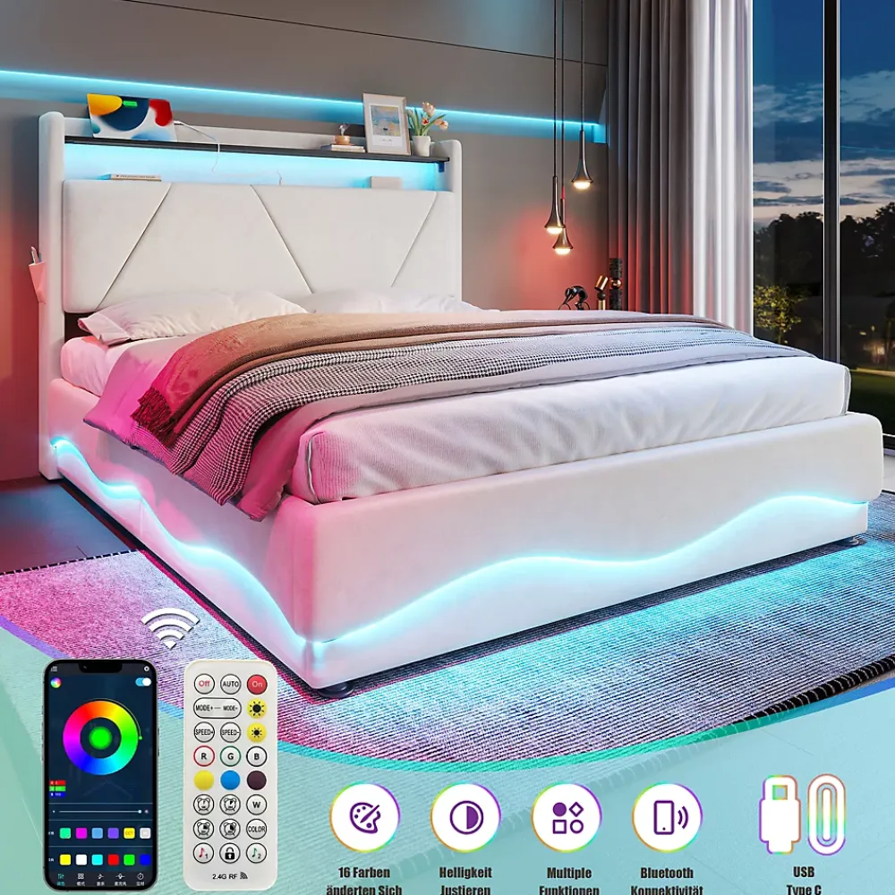 ProximaX Lit 140x200 cm beige avec LED, ports USB-C, rangement sous le lit et tête de lit design* Lit Double