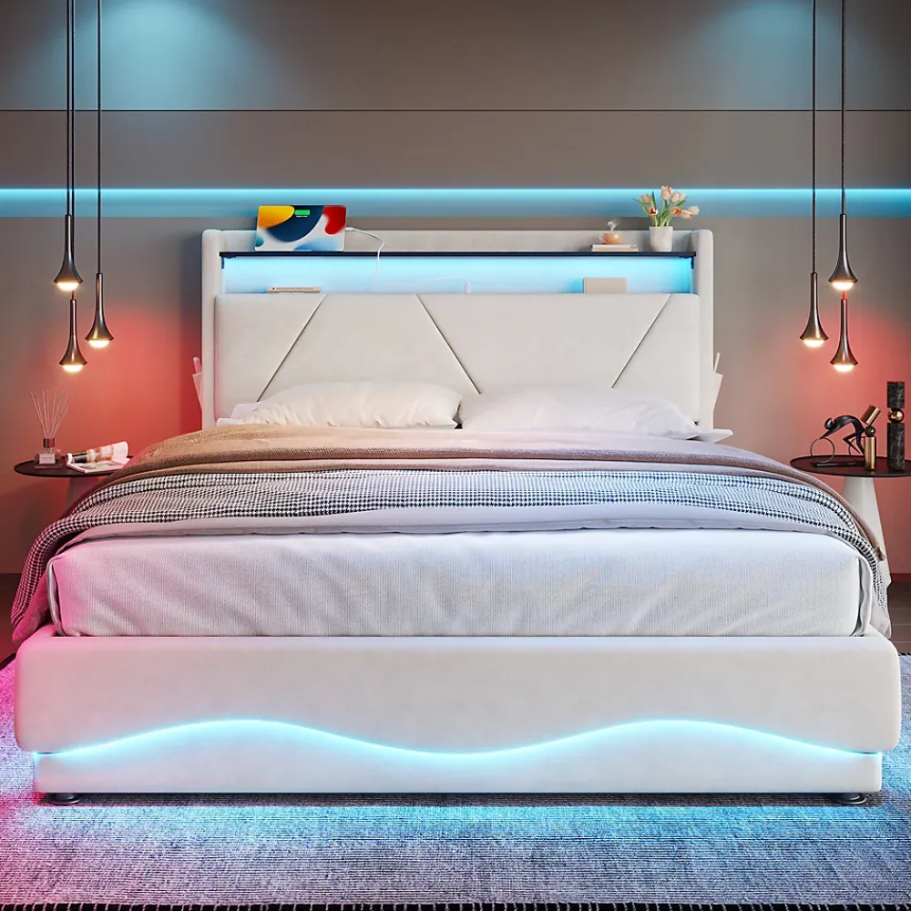 ProximaX Lit 140x200 cm beige avec LED, ports USB-C, rangement sous le lit et tête de lit design* Lit Double