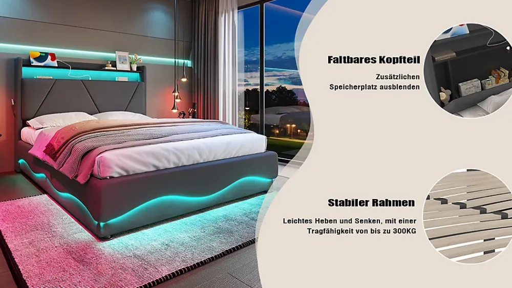 ProximaX Lit 140x200 cm beige avec LED, ports USB-C, rangement sous le lit et tête de lit design* Lit Double