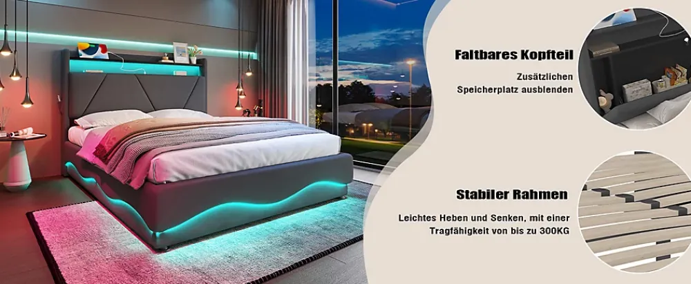 ProximaX Lit 140x200 cm beige avec LED, ports USB-C, rangement sous le lit et tête de lit design* Lit Double