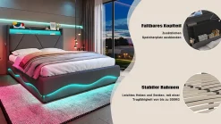 ProximaX Lit 160x200 cm beige avec LED, ports USB-C, rangement sous le lit et tête de lit design* Lit Double
