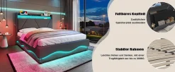 ProximaX Lit 160x200 cm beige avec LED, ports USB-C, rangement sous le lit et tête de lit design* Lit Double