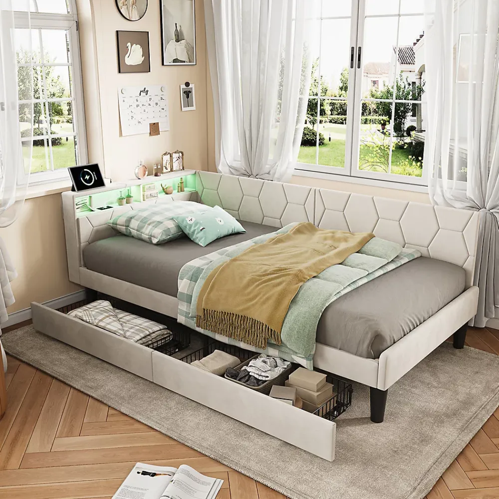 ProximaX Lit 90x200 cm beige en velours avec tiroirs et rangement, tête de lit LED, ports USB/Type-C, convertible en canapé ou lit simple* Lit Coffre