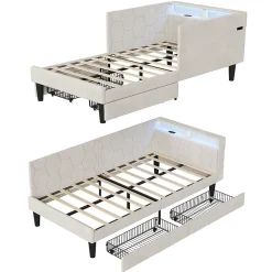 ProximaX Lit 90x200 cm beige en velours avec tiroirs et rangement, tête de lit LED, ports USB/Type-C, convertible en canapé ou lit simple* Lit Coffre