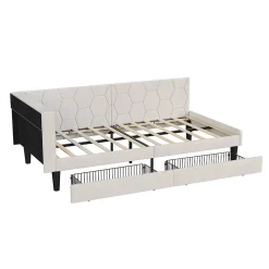 ProximaX Lit 90x200 cm beige en velours avec tiroirs et rangement, tête de lit LED, ports USB/Type-C, convertible en canapé ou lit simple* Lit Coffre