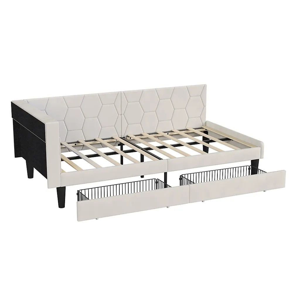 ProximaX Lit 90x200 cm beige en velours avec tiroirs et rangement, tête de lit LED, ports USB/Type-C, convertible en canapé ou lit simple* Lit Coffre