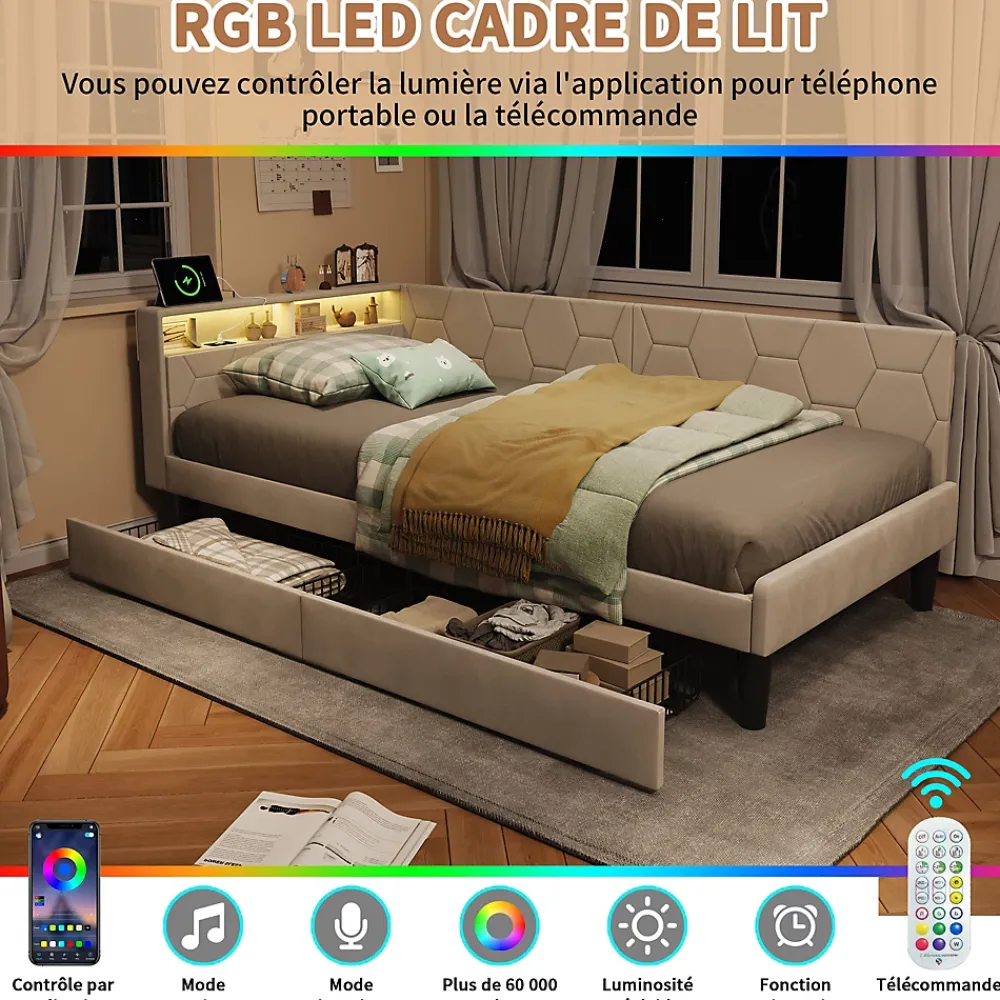 ProximaX Lit 90x200 cm beige en velours avec tiroirs et rangement, tête de lit LED, ports USB/Type-C, convertible en canapé ou lit simple* Lit Coffre