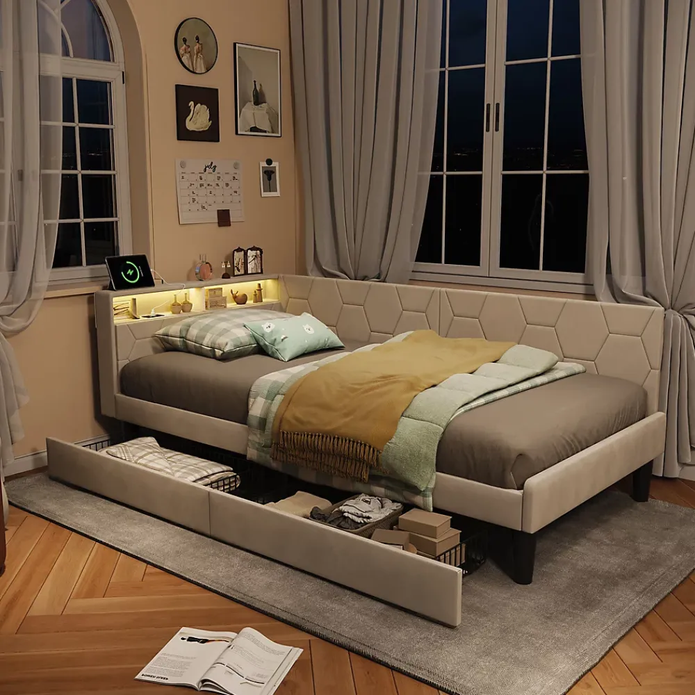 ProximaX Lit 90x200 cm beige en velours avec tiroirs et rangement, tête de lit LED, ports USB/Type-C, convertible en canapé ou lit simple* Lit Coffre