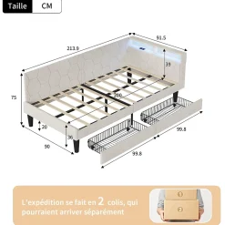 ProximaX Lit 90x200 cm beige en velours avec tiroirs et rangement, tête de lit LED, ports USB/Type-C, convertible en canapé ou lit simple* Lit Coffre